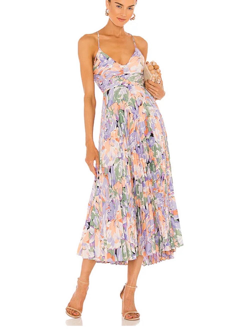 Astr Floral Pleated Midi Dress in Lavender, Peach & Green